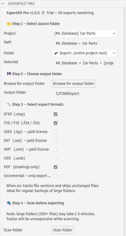 ExportKit Pro bulk export dialog inside Autodesk Fusion 360 with project folder, output folder and format selection