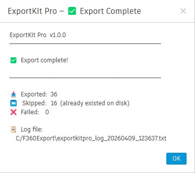 Export complete summary with exported, skipped and failed counts in ExportKit Pro