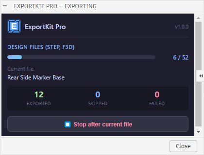 Live progress window during a Fusion 360 bulk export to STEP and F3D