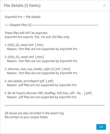 Flagged file details showing unsupported Fusion 360 file types with reasons