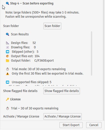 Pre-export scan results in ExportKit Pro showing Fusion 360 file counts and flagged files